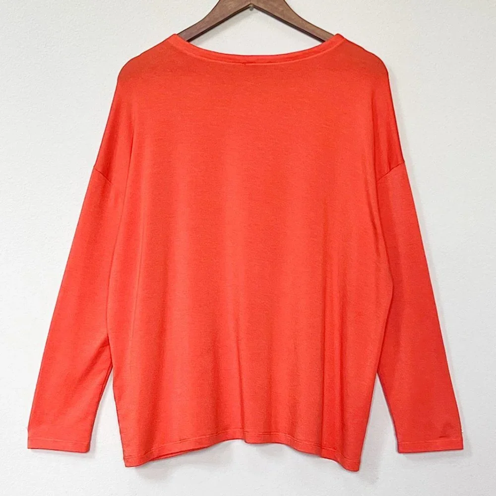Eileen Fisher Tencel Stretch Terry Patch Pocket Long Sleeve Top Hot Red Orange M - Picture 7 of 15